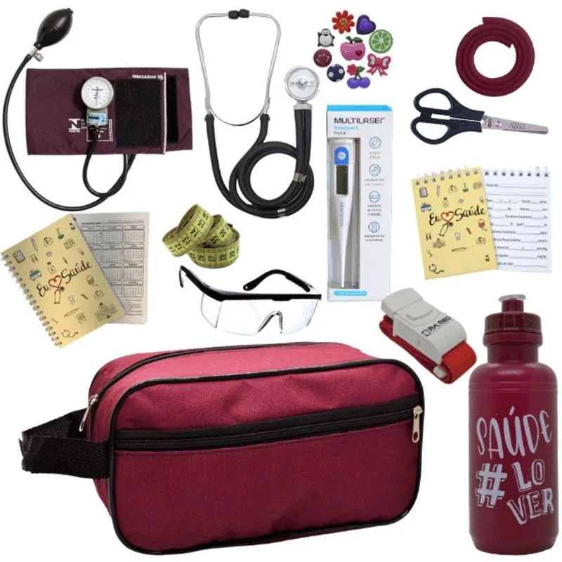 Kit Enfermagem Aparelho De Pressão Estetoscópio Aneroide Estágio Vermelho Escuro