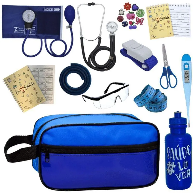 Kit Enfermagem Aparelho De Pressão Estetoscópio Aneroide Estágio Azul