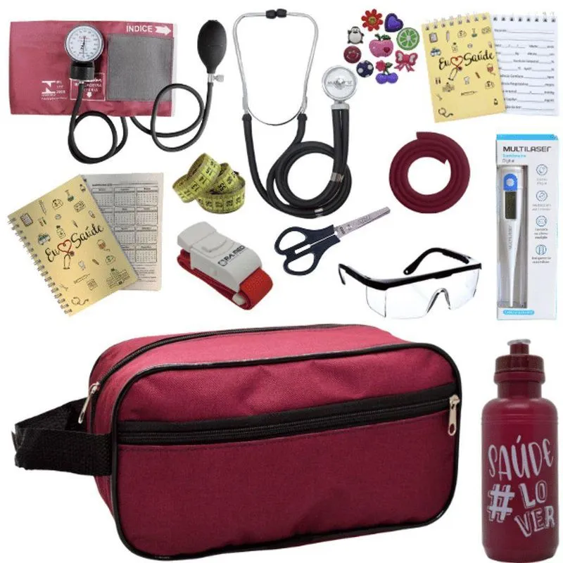 Kit Enfermagem Aparelho De Pressão Estetoscópio Aneroide Estágio Vermelho Escuro