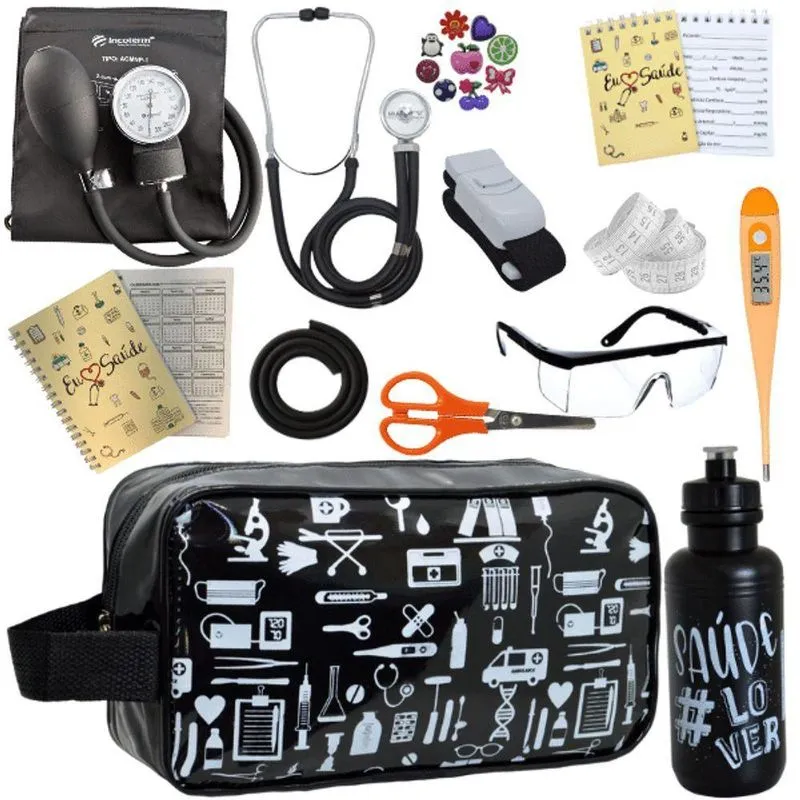 Kit Enfermagem Aparelho De Pressão Estetoscópio Aneroide Preto