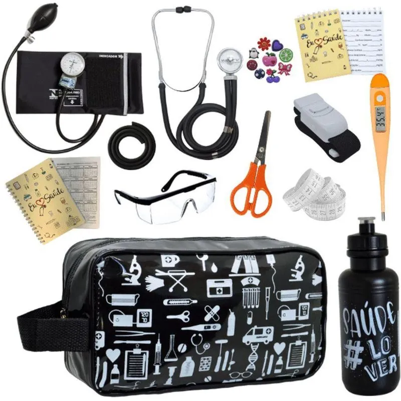 Kit Enfermagem Aparelho De Pressão Estetoscópio Aneroide Preto