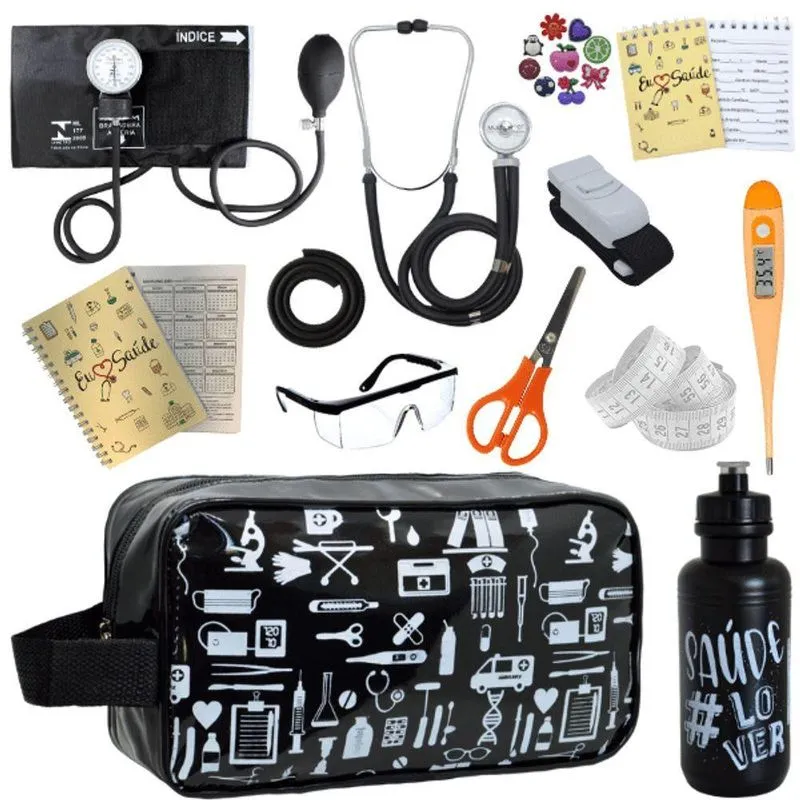 Kit Enfermagem Aparelho De Pressão Estetoscópio Aneroide Preto