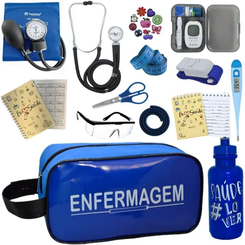 Kit Enfermagem Aparelho De Pressão Estetoscópio Medidor Glicose Azul