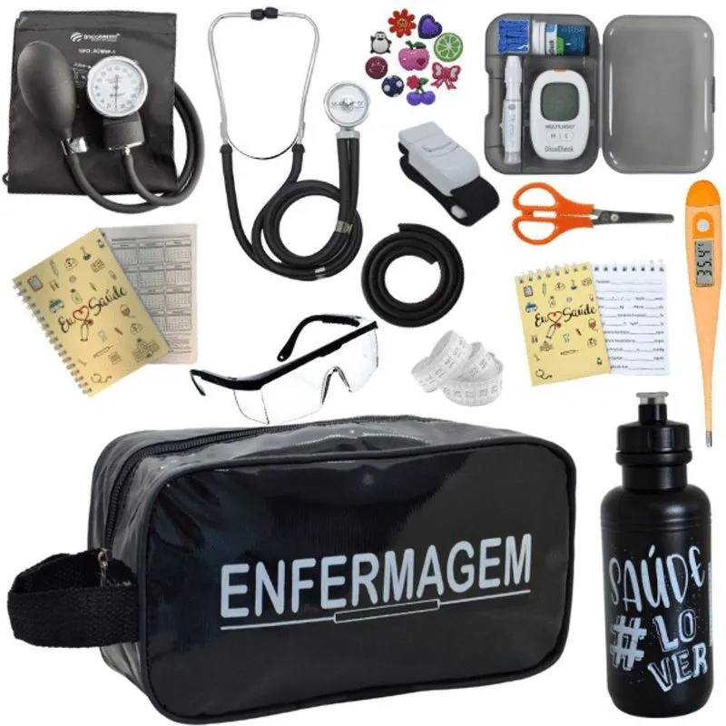 Kit Enfermagem Aparelho De Pressão Estetoscópio Medidor Glicose Preto