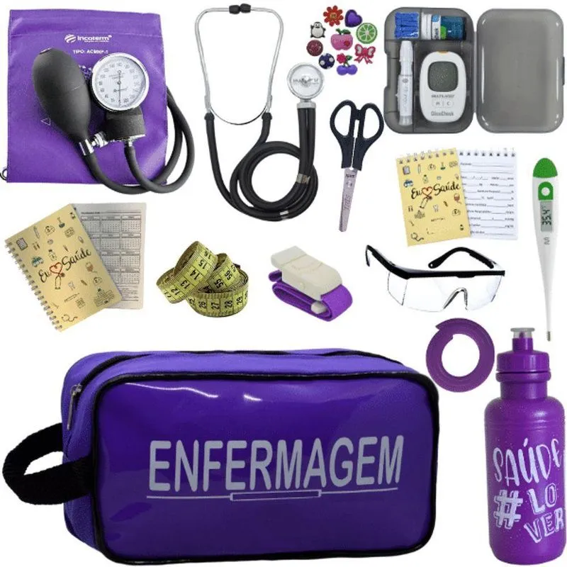 Kit Enfermagem Aparelho De Pressão Estetoscópio Medidor Glicose Violeta Escuro