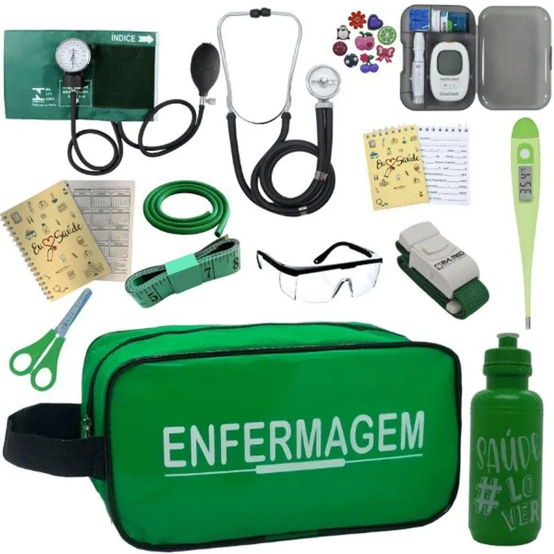Kit Enfermagem Aparelho De Pressão Estetoscópio Medidor Glicose Verde
