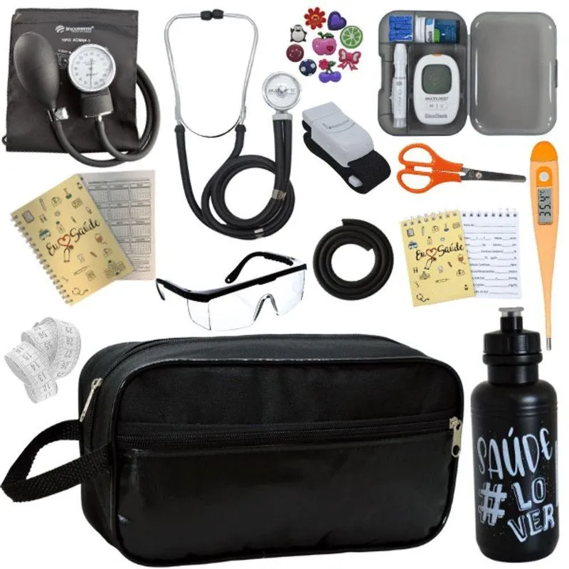 Kit Enfermagem Aparelho De Pressão Estetoscópio Aneroide Medidor Glicose Preto