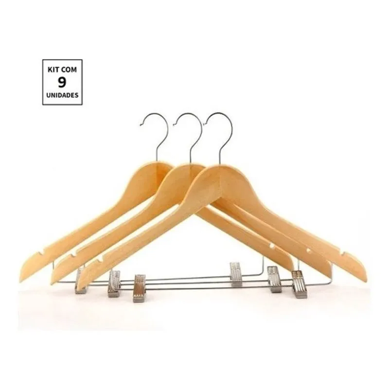 Kit 9x Cabides De Madeira Com Presilha Verniz Marfim Roupa