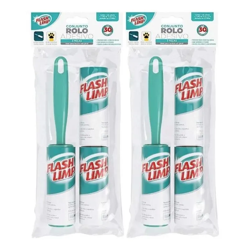 3x Kit 2 Rolo Adesivo Tira Pelo Roupa Sofa + 4 Refil Flash L