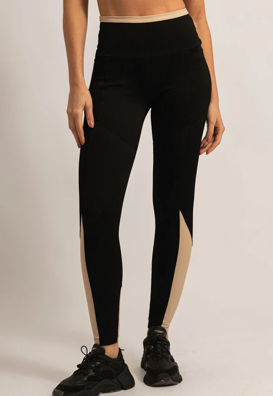 Legging bicolor bege árido e preto canelado Magnetic P