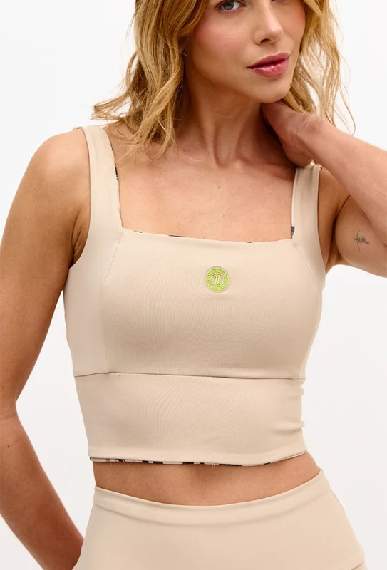 Top longo decote quadrado dupla face bege árido e estampado com bojo removível Pure G