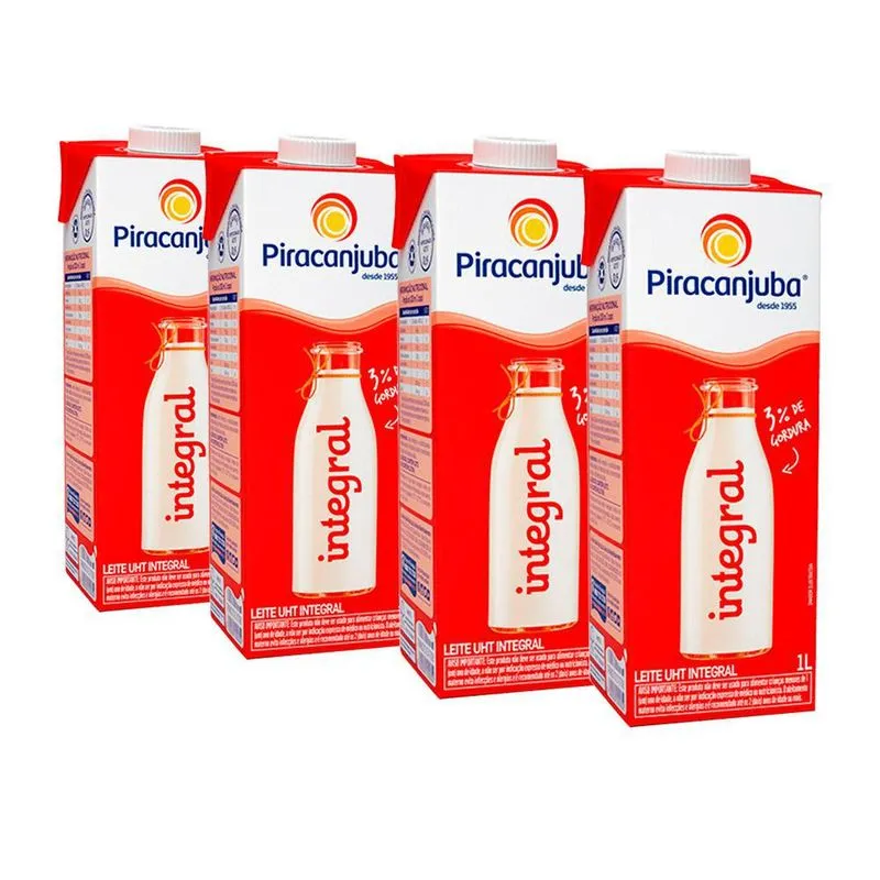 Kit Com 04 Leites Piracanjuba Uht Integral Com Tampa 1l