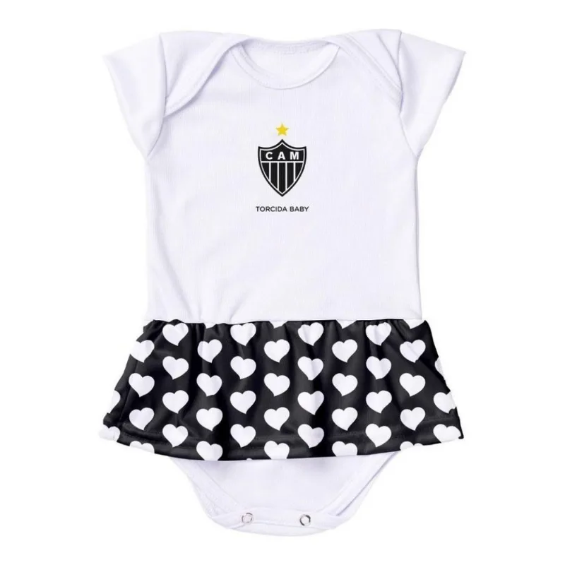 Body Vestido Atlético MG Corações Torcida Baby RN / Branco / Preto - Torcida Baby