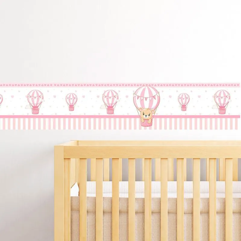 Balão Ursinho Rosa Adesivo De Parede Infantil Faixa Border