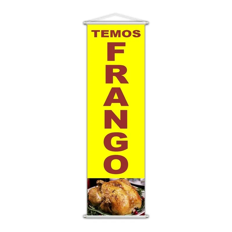 Banner Temos Frango Comida Serviço Lona Amarelo 100x30cm
