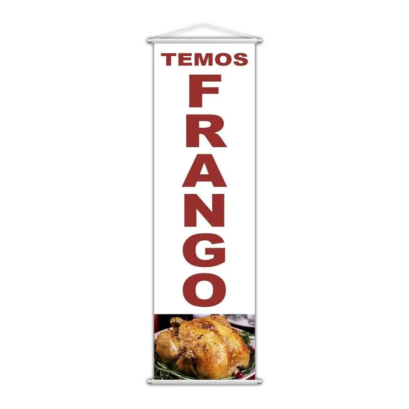 Banner Temos Frango Comida Serviço Lona Branco 100x30cm