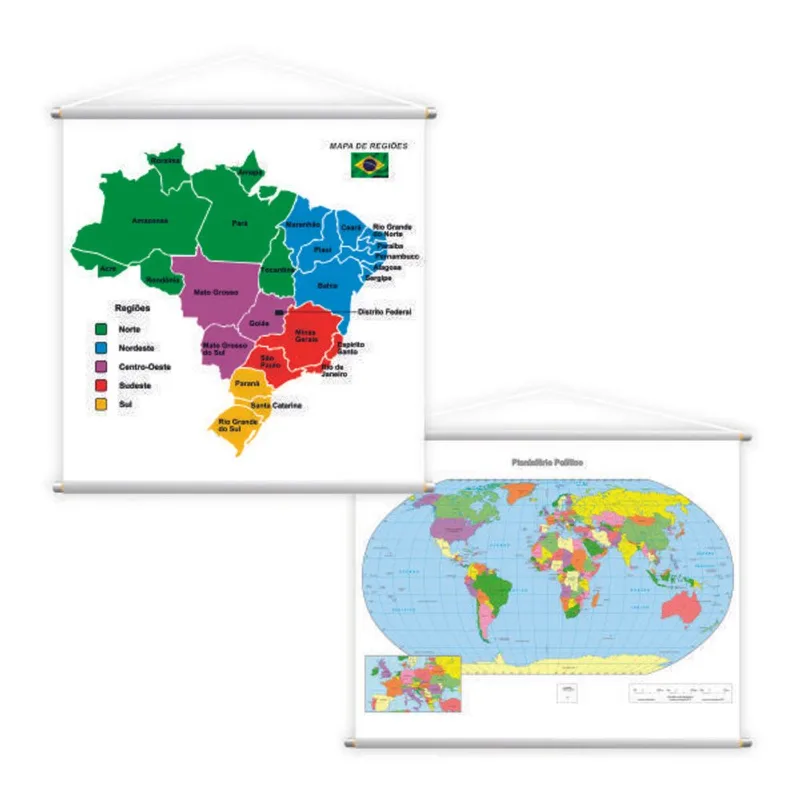 Mapa Regiões Do Brasil + Planisfério Político Kit 2 Banners