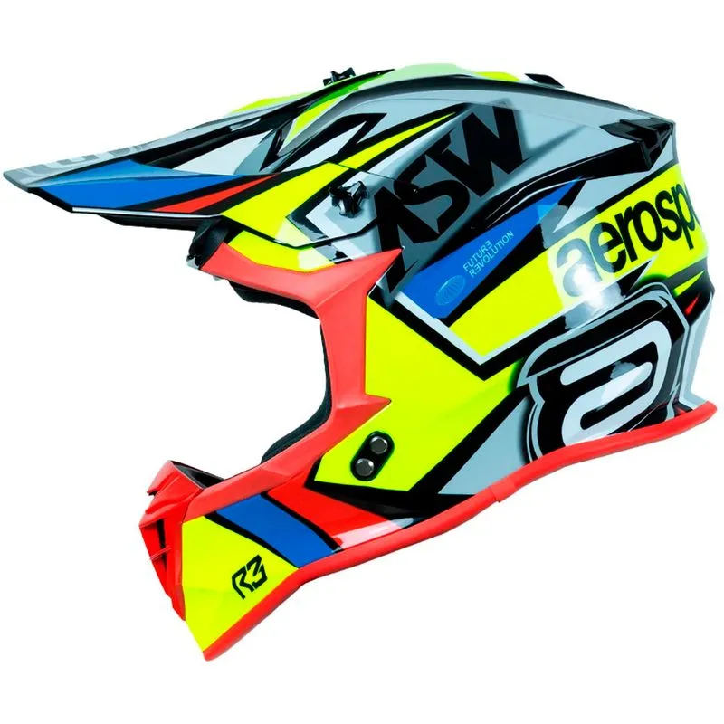 Capacete Off-Road ASW R3 Capacete ASW R3 Takker Prata Amarelo Fluo Vermelho 62
