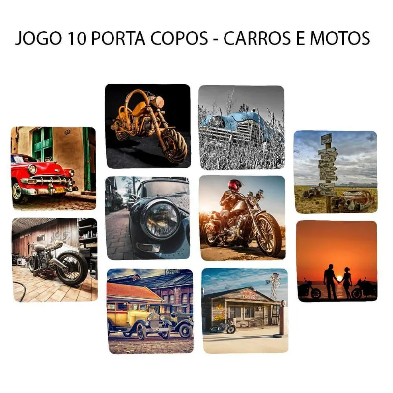 Jogo 10 Porta Copos Bolacha De Chopp Redondo Carros E Motos - DELUZZ