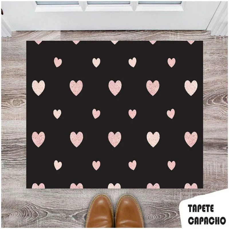 Tapete Capacho Personalizado Corações Rosa Brilhante E Fundo Preto - DELUZZ