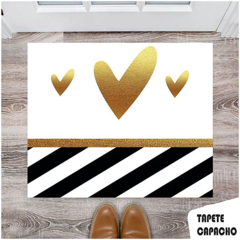 Tapete Capacho Personalizado Coração Brilhoso Listrado, Fundo Branco - DELUZZ
