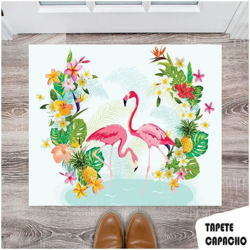 Tapete Capacho Personalizado Flamingos Floral - DELUZZ