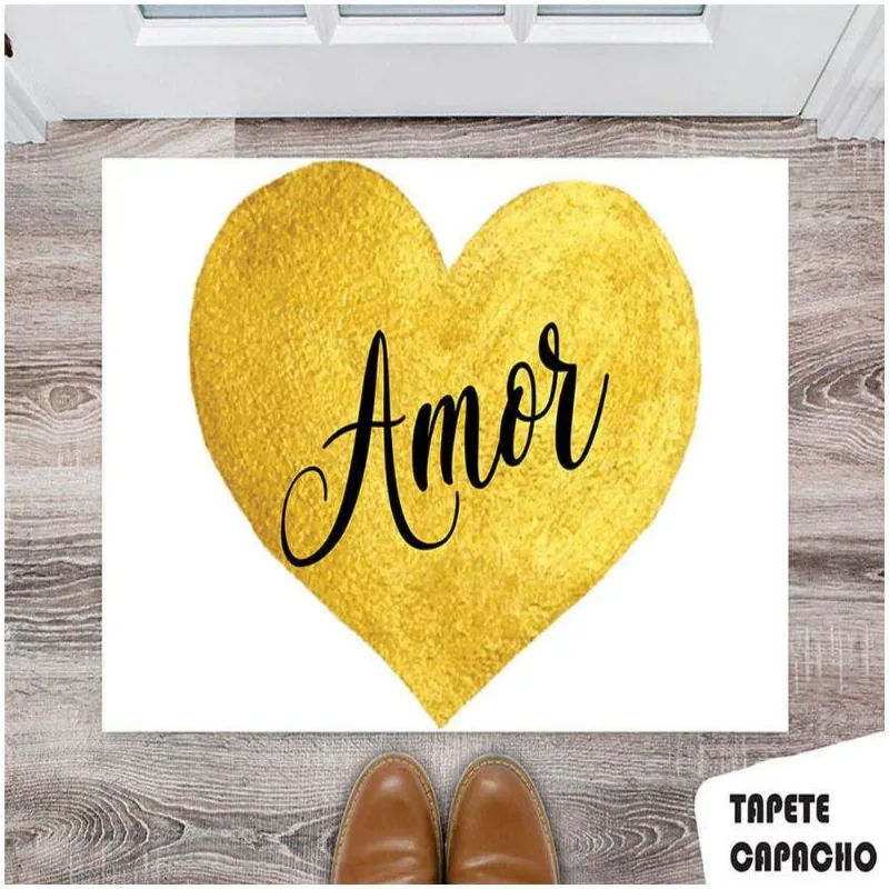 Tapete Capacho Personalizado Coração Dourado Amor - DELUZZ