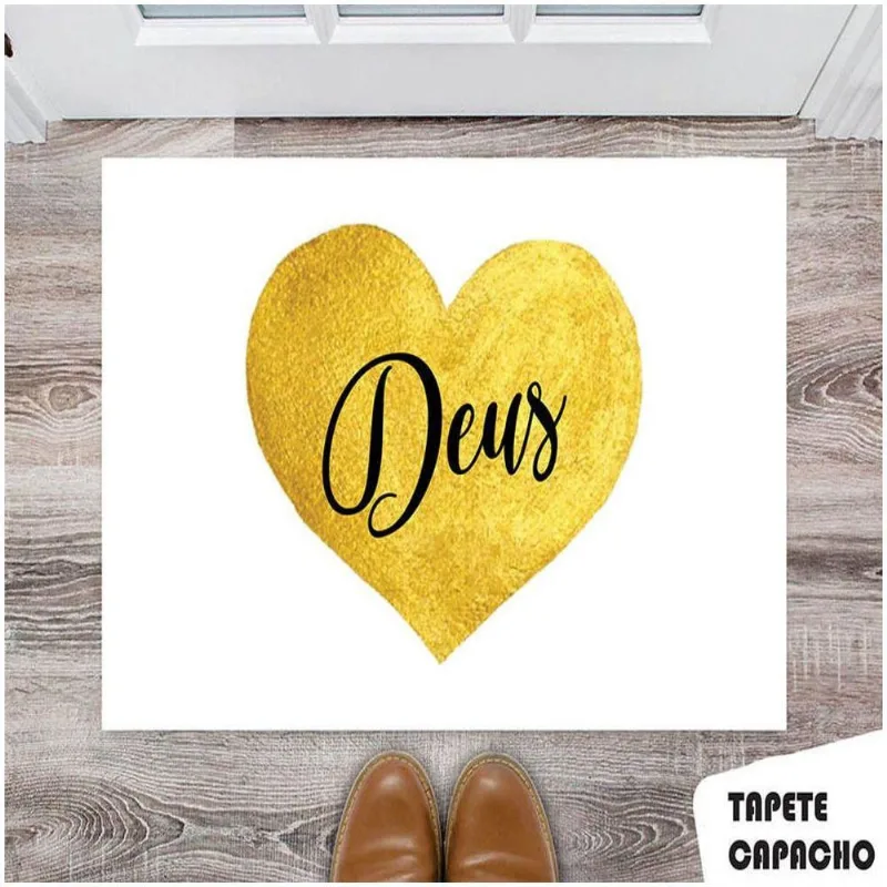 Tapete Capacho Personalizado Coração Dourado Deus - DELUZZ