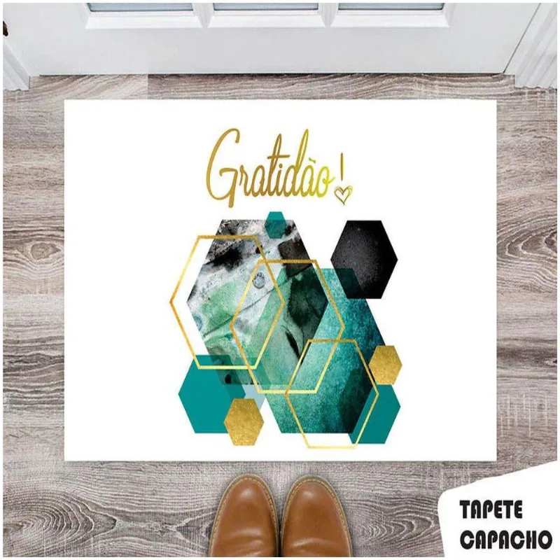 Tapete Capacho Personalizado Gratidão Hexágonos Verdes - DELUZZ