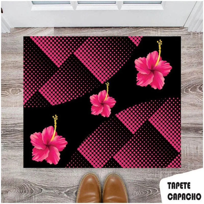 Tapete Capacho Personalizado 3 Flores Rosa Com Preto - DELUZZ