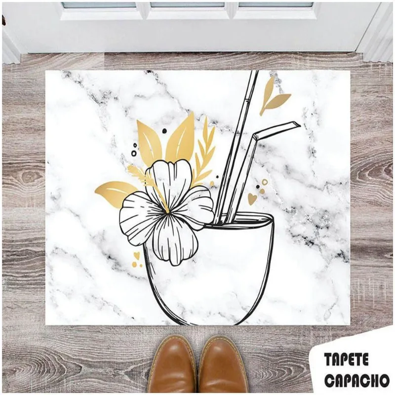 Tapete Capacho Personalizado Coco Floral Fundo Marmorizado - DELUZZ