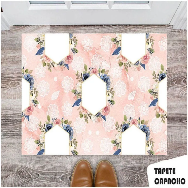 Tapete Capacho Personalizado Espelhos Florais Com Fundo Rose - DELUZZ