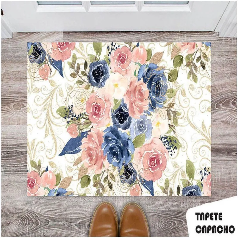 Tapete Capacho Personalizado Estampa Floral Com Fundo Bege - DELUZZ