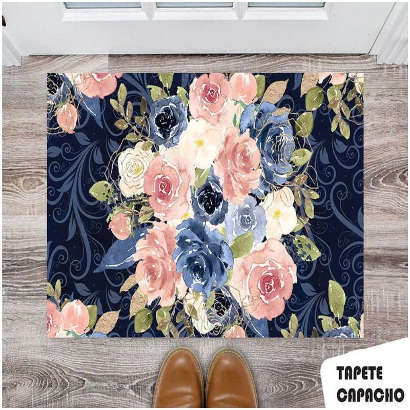 Tapete Capacho Personalizado Estampa Floral Com Fundo Azul Marinho - DELUZZ