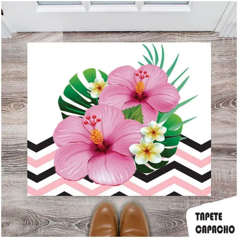 Tapete Capacho Personalizado Floral Rosa Com Fundo Listrado - DELUZZ