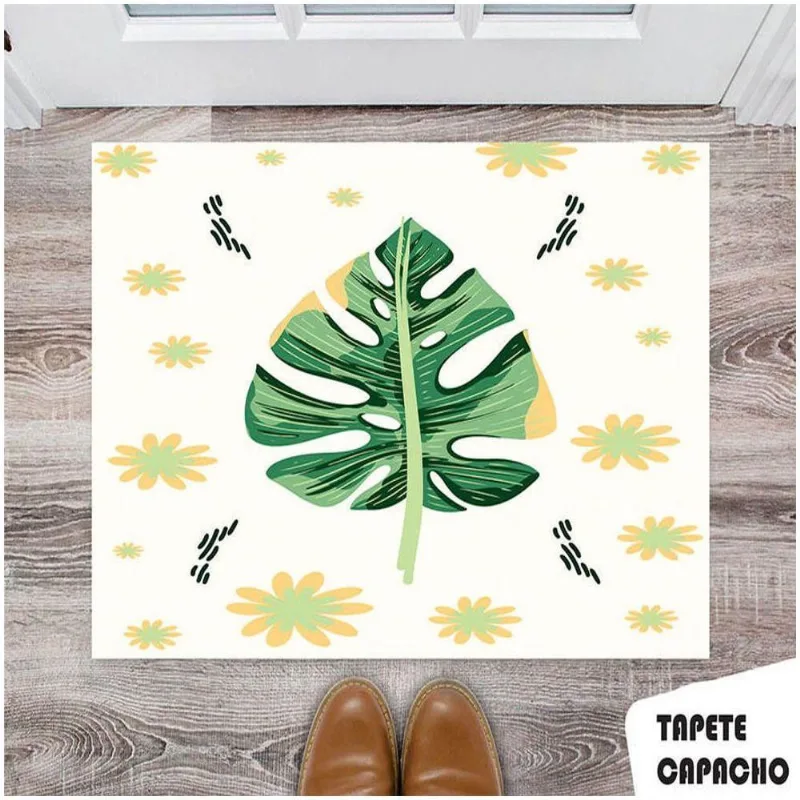 Tapete Capacho Personalizado Green Monstera Com Floral - DELUZZ