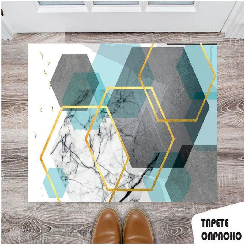 Tapete Capacho Personalizado Hexágonos Com Detalhes Dourados E Verde Agua - DELUZZ
