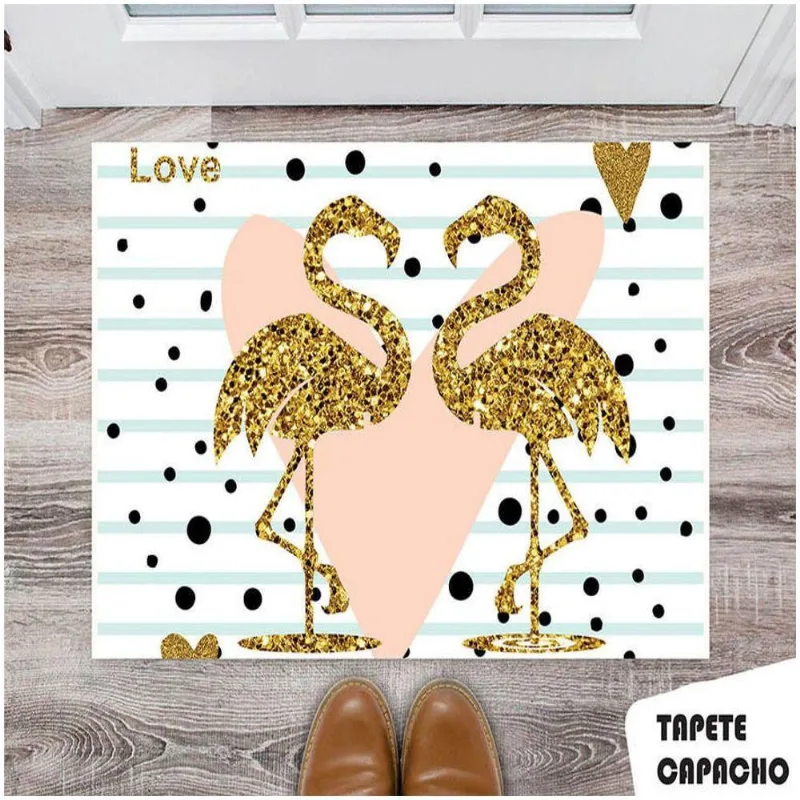 Tapete Capacho Personalizado Flamingos Dourados - DELUZZ