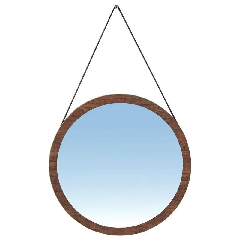 Espelho Decorativo Melk G54 Redondo 65cm Rustic Brown Com Tira De Couro Marrom Gran Belo