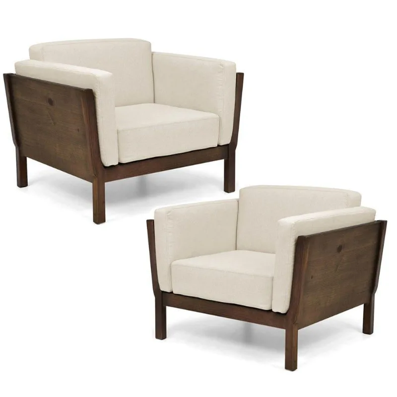 Kit 02 Poltronas Decorativas de Madeira Canela Linho Bege
