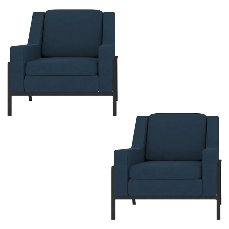 Kit 02 Poltronas Decorativas Lecce Pés Aço Linho Azul