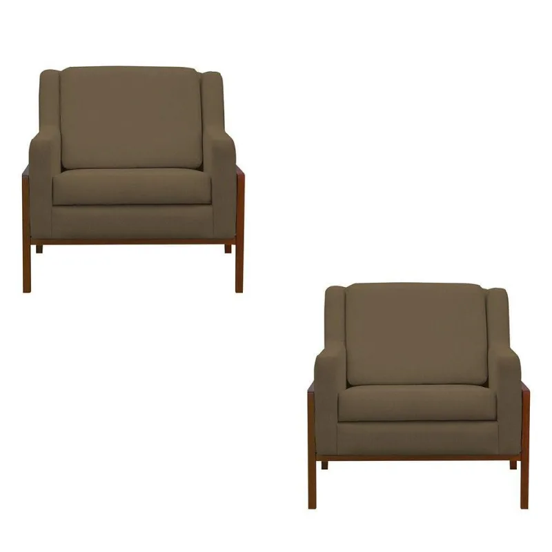 Kit 02 Poltronas Decorativas Lecce Pés Madeira Linho Marrom