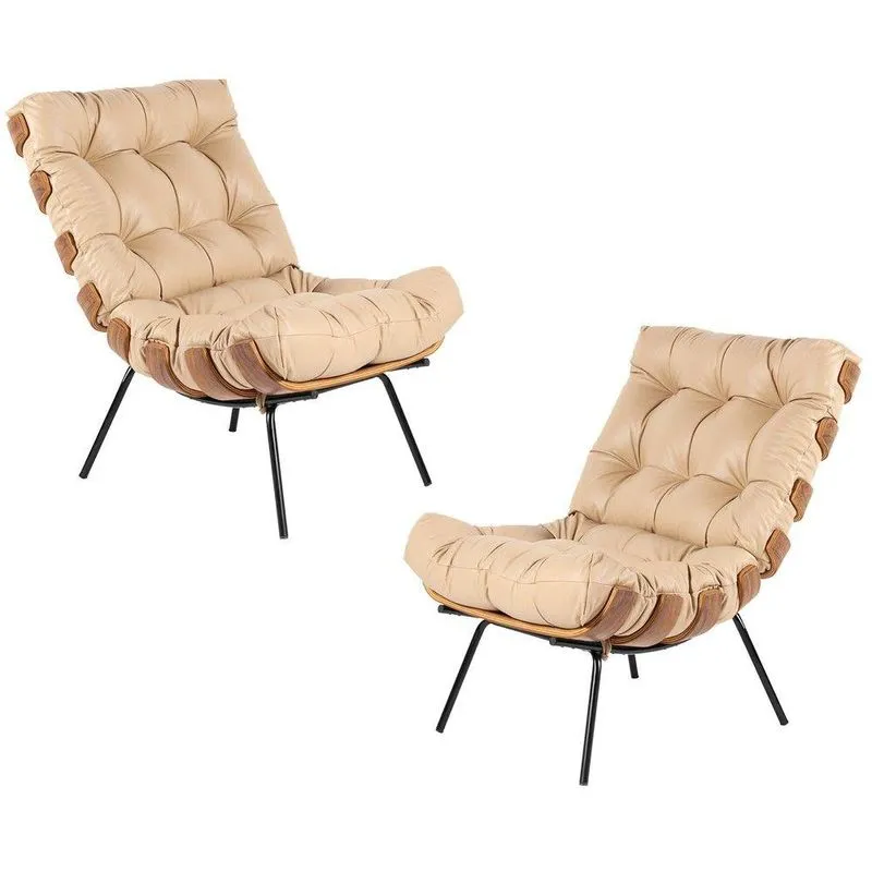 Kit 2 Poltrona Decorativa Sala De Estar Costela Couro Bege