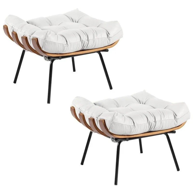 Kit 2 Puff Decorativo Sala De Estar Costela Couro Branco - Gran Belo