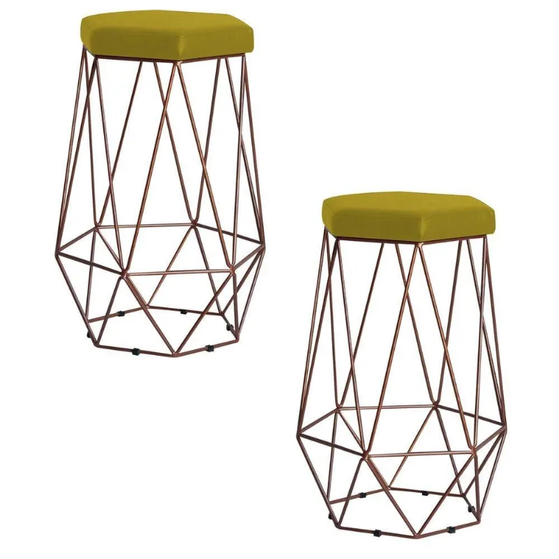 Kit 2 Banqueta Rubel Base Bronze Suede Amarelo Gran Belo