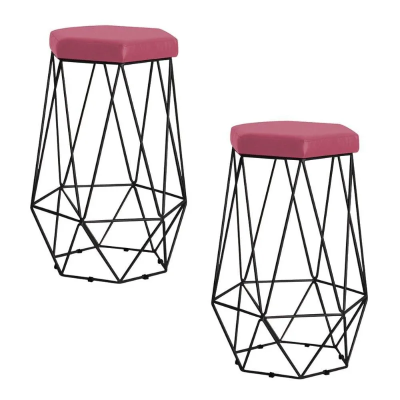 Kit 2 Banqueta Rubel Base Preta Suede Rosa Gran Belo