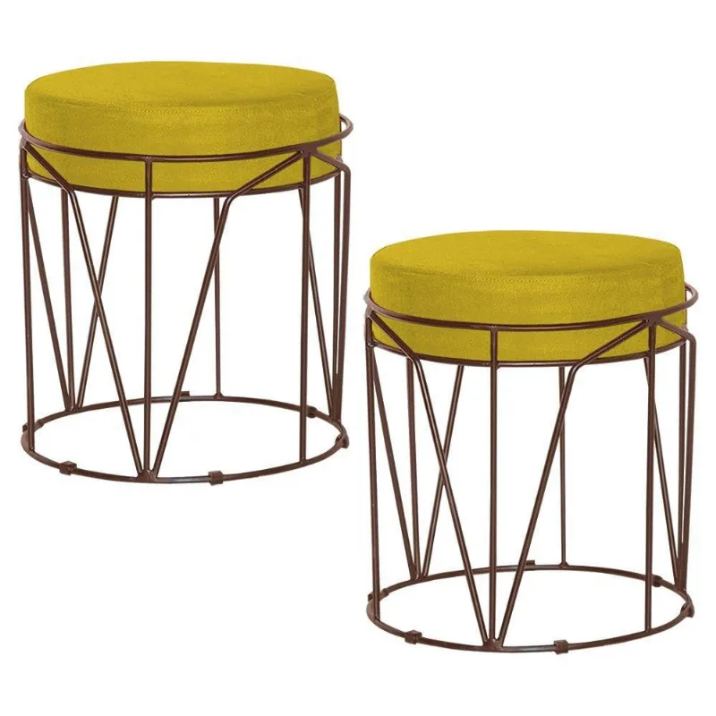 Kit 2 Puffs Sala de Estar Base Bronze Chloe Suede Amarelo