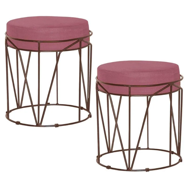 Kit 2 Puffs Sala de Estar Base Bronze Chloe Suede Rosa