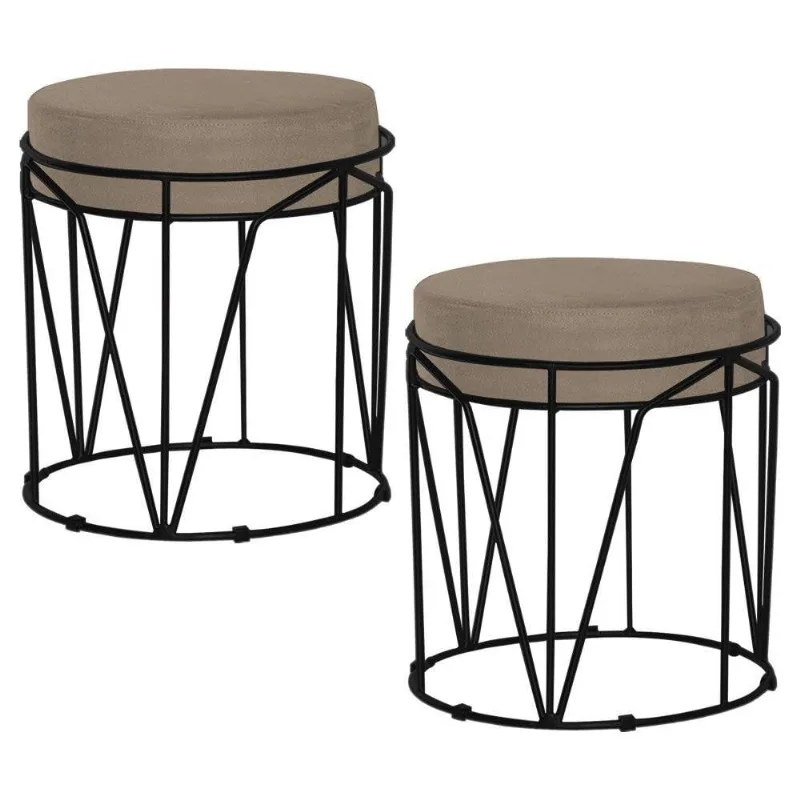 Kit 2 Puffs Sala de Estar Base Preto Chloe Suede Cappuccino