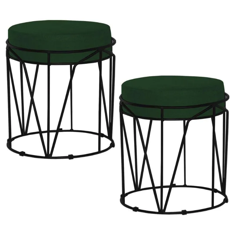 Kit 2 Puffs Sala de Estar Base Preto Chloe Suede Verde